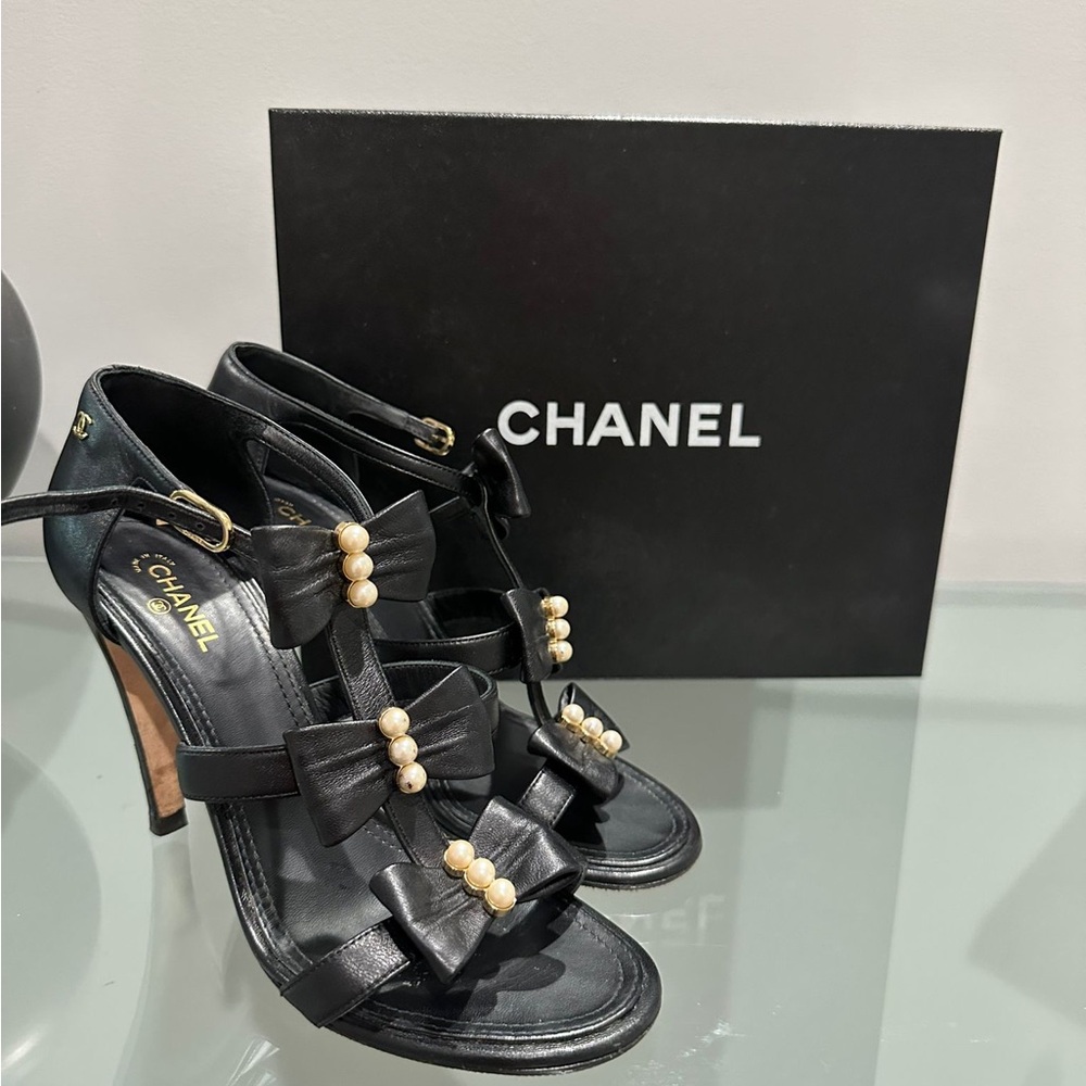 Chanel black high hells with pearls